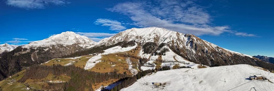 Aerial view of Mount Arera , mount Alben and mount Grem in the Seriana valley and Brembana valley, lombardy, Bergamo, Italy