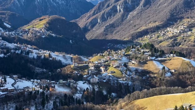 Aerial view of Riso valley and Zambla town, Lombardy, Italy