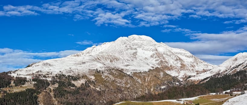 Aerial view of mount Grem at sunny day in the Seriana valley and Brembana valley, lombardy, Bergamo, Italy