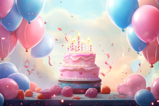 Birthday background with birthday cake with birthday candles and colorful balloon. Birthday card.