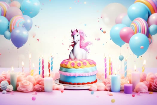 Poster or birthday card with unicorn, cake, balloons and candles in bright colors. Birthday card
