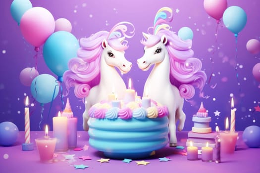 Poster or birthday card with unicorn, cake, balloons and candles in bright colors. Birthday card