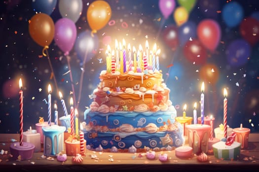 Birthday background with birthday cake with birthday candles and colorful balloon. Birthday card.