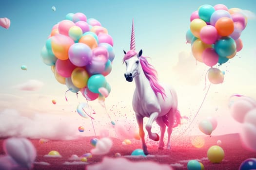 Poster or birthday card with unicorn, balloons and candles in bright colors. Birthday card