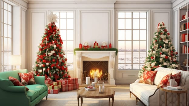 Interior of decorated living room with Christmas tree and comfortable sofa for family comeliness