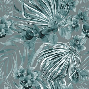 Seamless botanical monochrome pattern with watercolor flowers and palm leaves