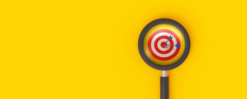 Target board is magnified through a glass lens on yellow background. business objective, target search concept, and achieving success. 3D rendering.