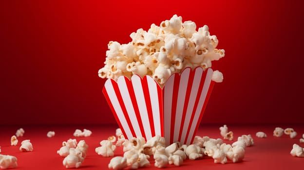 Mockup National Popcorn Day Postcard, Celebration Favorite Popcorn Snack, Red Background. Greetings Card. Paper Cup, Red Striped Bucket With Popcorn. Design. Ai Generated. Horizontal Plane.