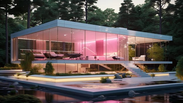 A modern house oasis, where nature and architecture intertwine through the sparkling glass walls and outdoor deck