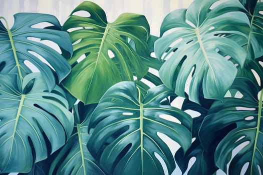 Monstera leaves against a white wall. Exotic leaves pattern created with Generative AI. High quality photo