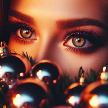 ultra close up shot of eyes of a person reflect christmas warm atmosphere ornaments and lights ai generative art