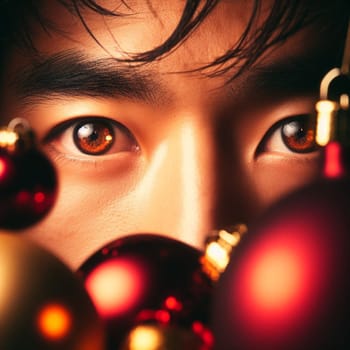 ultra close up shot of eyes of a person reflect christmas warm atmosphere ornaments and lights ai generative art