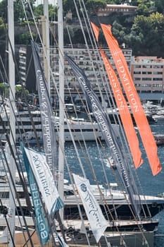 Monaco, Monte Carlo, 27 September 2022 - a lot of luxury yachts at the famous motorboat exhibition in the principality, the most expensive boats for the richest people around the world, yacht brokers. High quality photo