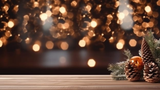 Merry Christmas and Happy New Year background with empty wooden table over Christmas tree and blurred light bokeh. Empty display for product placement. Rustic vintage Xmas 2024 background. comeliness