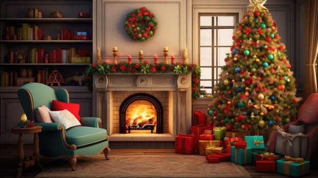 Interior of decorated living room with Christmas tree and comfortable sofa for family comeliness