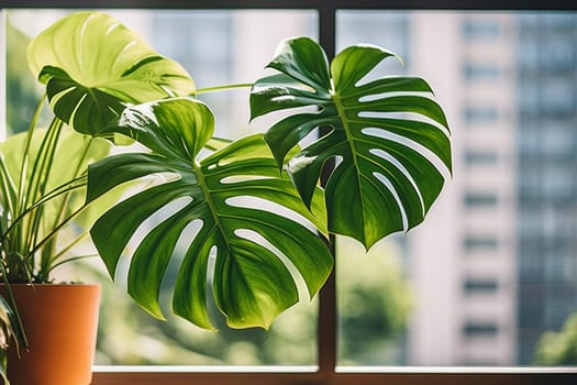 Monstera with large leaves in a pot against the background of a window. House plants. High quality photo