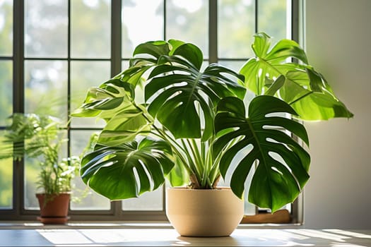 Monstera with large leaves in a pot against the background of a window. House plants. High quality photo