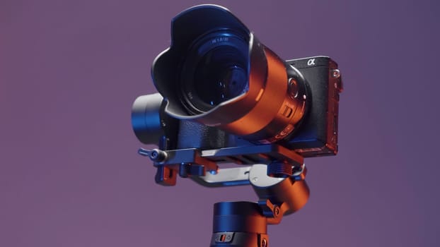 Moscow - Russia, 09.25.2021: professional camera fixed on steadicam. Action. Professional camera on electric stabilizer with automatic control modes