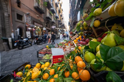 Napoli, Italy: 2023 November 14: Fruits on sale in shops in the city of Napoli in November 2023.
