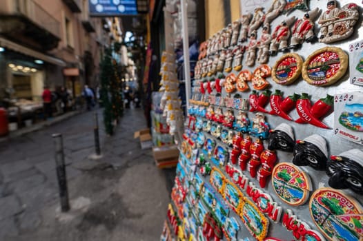 Napoli, Italy: 2023 November 14: Souvenirs in the shops of the city of Napoli in November 2023.