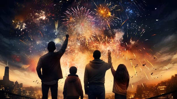 Happy people looking up to the sky with firework in new year 2024 night celebrate happy new year festival 2024 comeliness.