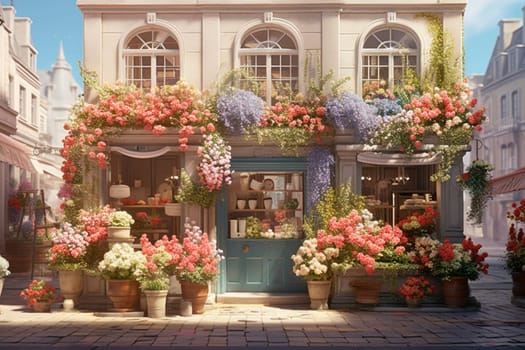 Flower shop on the ground floor of a two-story building. High quality illustration