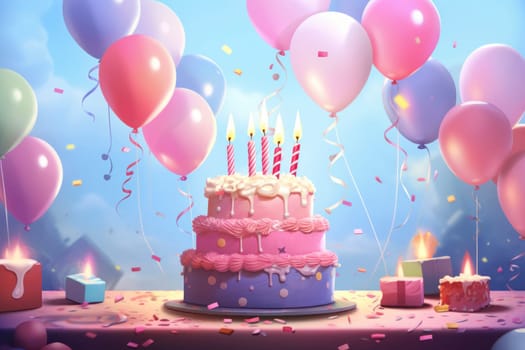 Birthday background with birthday cake with birthday candles and colorful balloon. Birthday card.