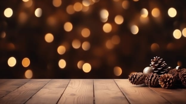 Merry Christmas and Happy New Year background with empty wooden table over Christmas tree and blurred light bokeh. Empty display for product placement. Rustic vintage Xmas 2024 background. comeliness