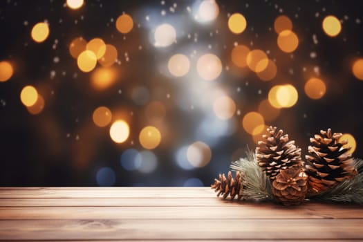 Merry Christmas and Happy New Year background with empty wooden table over Christmas tree and blurred light bokeh. Empty display for product placement. Rustic vintage Xmas 2024 background. comeliness