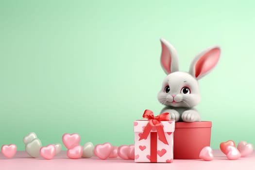 Valentine's Day blank space with cute rabbit gift boxes, roses, red heart, background generative ai