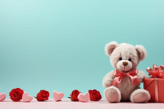 Valentine's Day blank space with cute bear gift boxes, roses, red heart, background generative ai