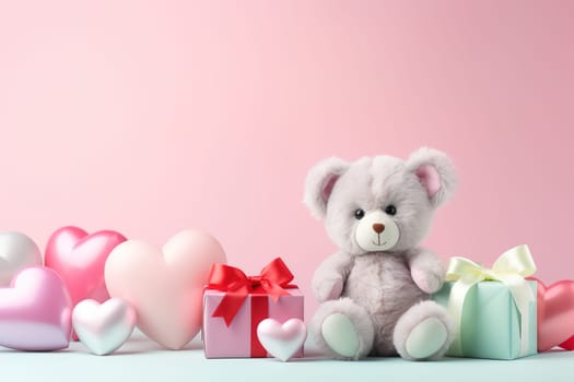 Valentine's Day blank space with cute bear gift boxes, roses, red heart, background generative ai