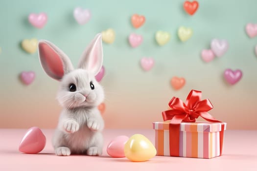 Valentine's Day blank space with cute rabbit gift boxes, roses, red heart, background generative ai