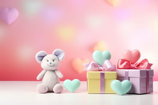 Valentine's Day blank space with cute bear gift boxes, roses, red heart, background generative ai