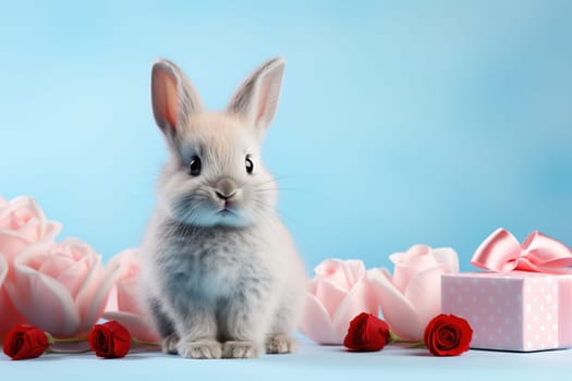 Valentine's Day blank space with cute rabbit gift boxes, roses, red heart, background generative ai