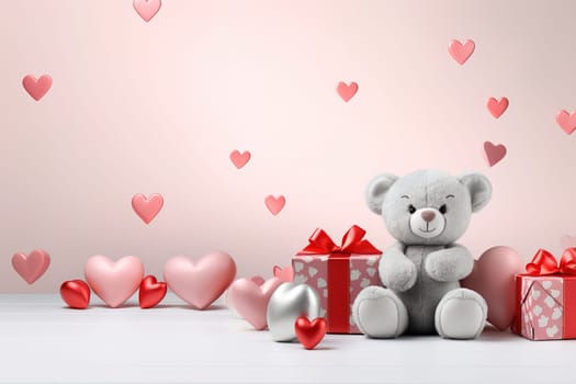 Valentine's Day blank space with cute bear gift boxes, roses, red heart, background generative ai