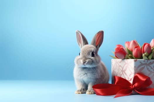 Valentine's Day blank space with cute rabbit gift boxes, roses, red heart, background generative ai