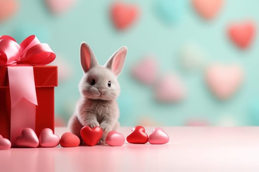 Valentine's Day blank space with cute rabbit gift boxes, roses, red heart, background generative ai