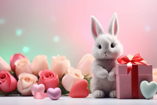 Valentine's Day blank space with cute rabbit gift boxes, roses, red heart, background generative ai