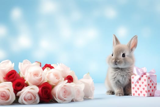 Valentine's Day blank space with cute rabbit gift boxes, roses, red heart, background generative ai