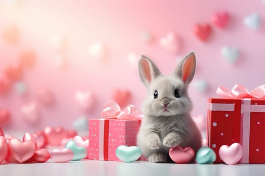 Valentine's Day blank space with cute rabbit gift boxes, roses, red heart, background generative ai