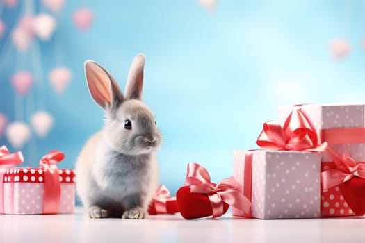 Valentine's Day blank space with cute rabbit gift boxes, roses, red heart, background generative ai