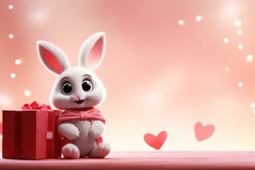 Valentine's Day blank space with cute rabbit gift boxes, roses, red heart, background generative ai