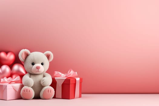 Valentine's Day blank space with cute bear gift boxes, roses, red heart, background generative ai