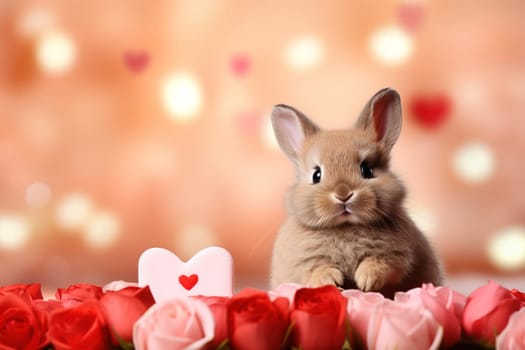 Valentine's Day blank space with cute rabbit gift boxes, roses, red heart, background generative ai