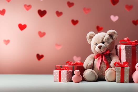 Valentine's Day blank space with cute bear gift boxes, roses, red heart, background generative ai