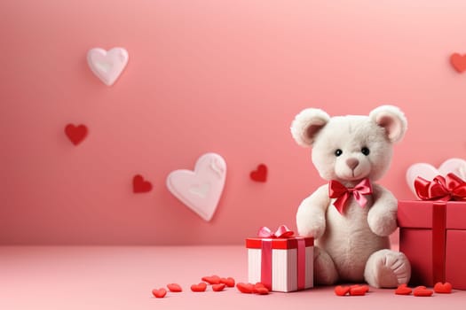 Valentine's Day blank space with cute bear gift boxes, roses, red heart, background generative ai