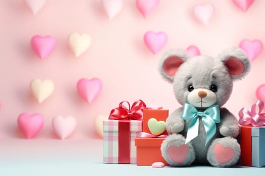 Valentine's Day blank space with cute bear gift boxes, roses, red heart, background generative ai