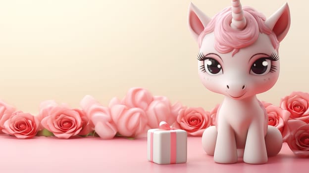 Valentine's Day blank space with cute unicorn gift boxes, roses, red heart, background generative ai