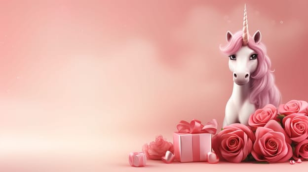 Valentine's Day blank space with cute unicorn gift boxes, roses, red heart, background generative ai